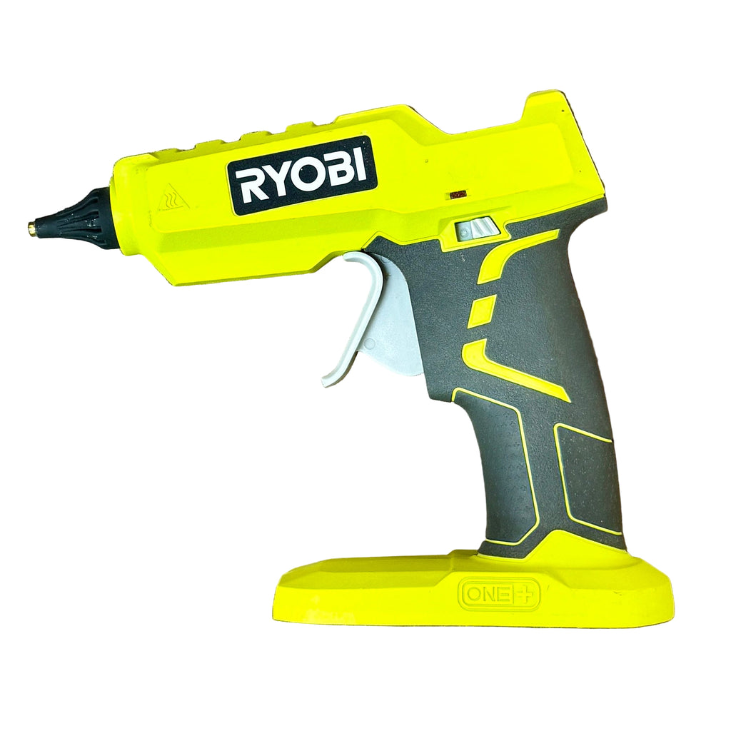 RYOBI ONE+ 18V Cordless Hot Glue Gun w/ Battery (P305) Yellow and gray Ryobi glue gun on a wooden surface