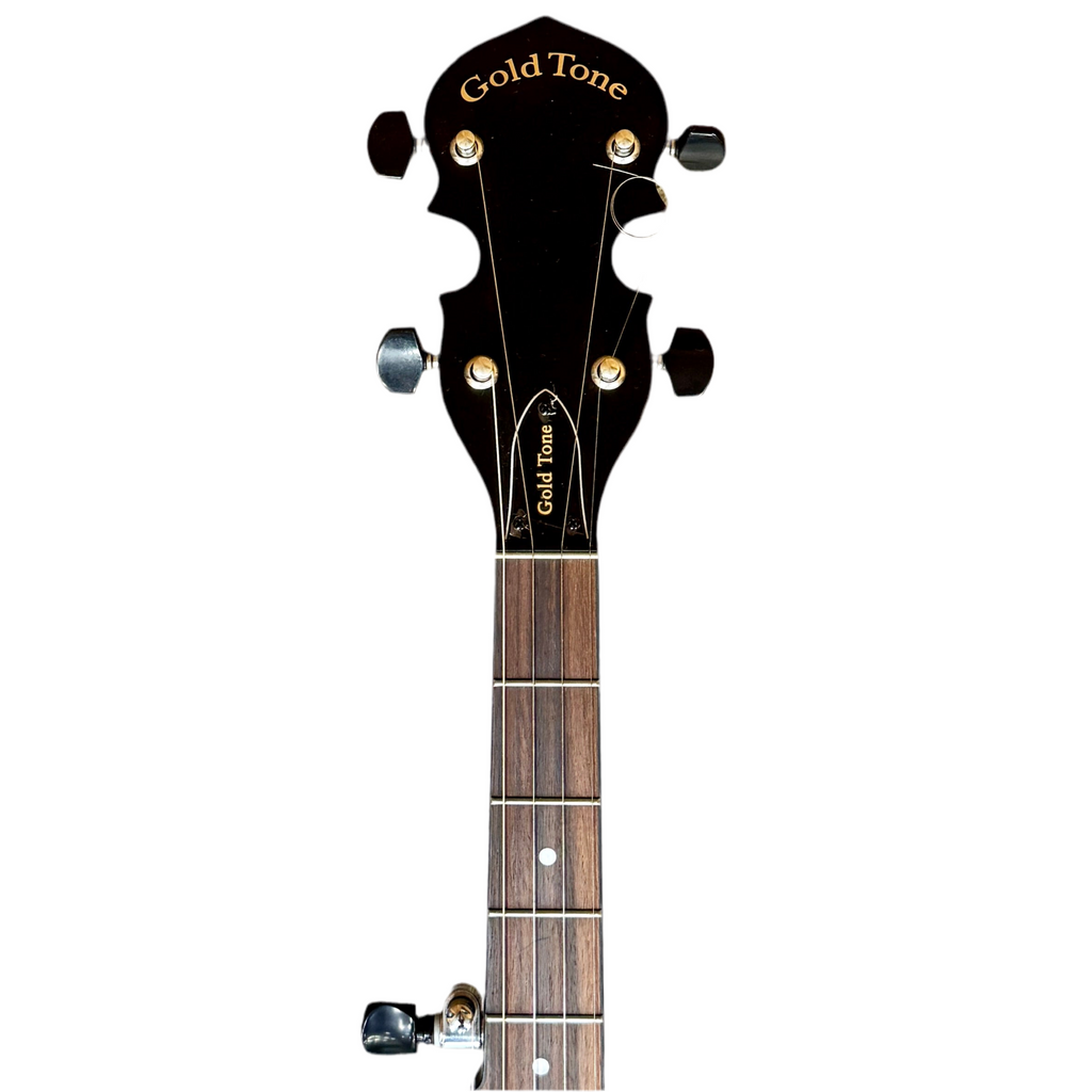 Gold Tone AC-1 Acoustic Composite 5-String Openback Banjo Black ukulele headstock with 'Gold Tone' branding on a white background