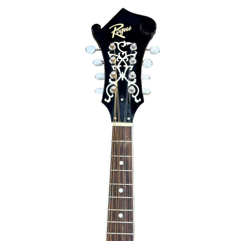 Rogue RM-100F F-Style Mandolin w/ Soft Case Guitar headstock with 'Roger' branding on a wooden surface