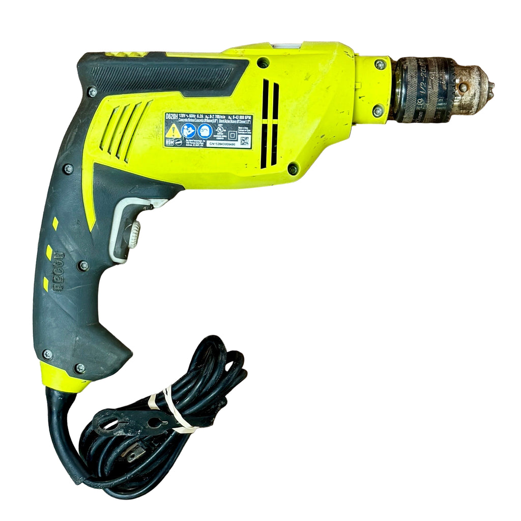 RYOBI 6.2-Amp 5/8" Corded Variable Speed Hammer Drill (D620H) Yellow and black corded drill on a white background