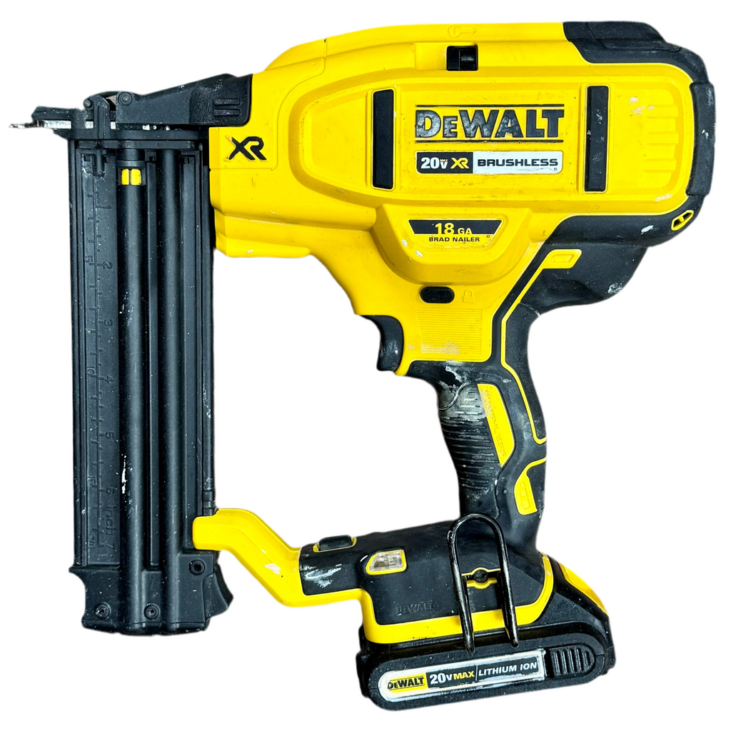 DeWalt 20V MAX XR 18-Gauge Cordless Brad Nailer w/ Battery (DCN680) Yellow and black Dewalt nail gun on a white background