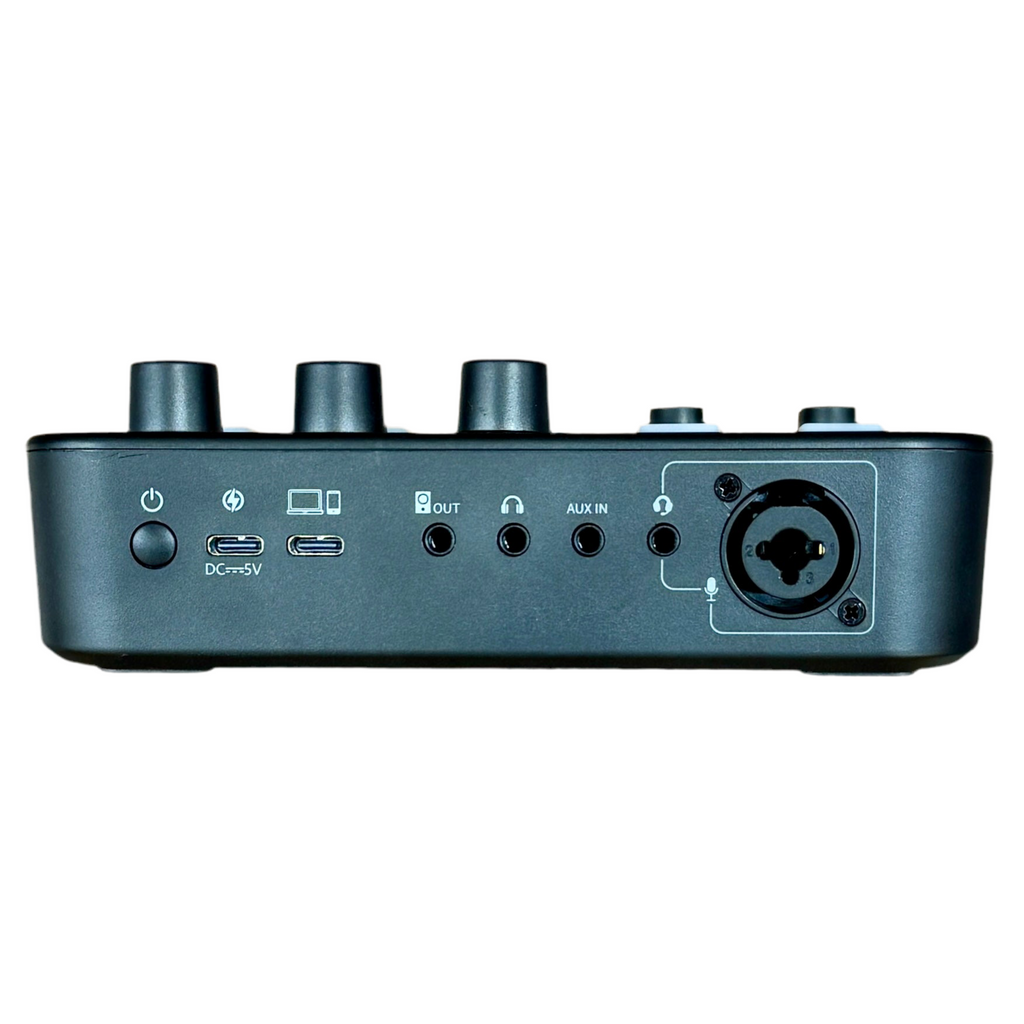 Maono Maonocaster G1 NEO Gaming Audio Mixer & Interface Back view of a audio interface with various ports and controls on a white background