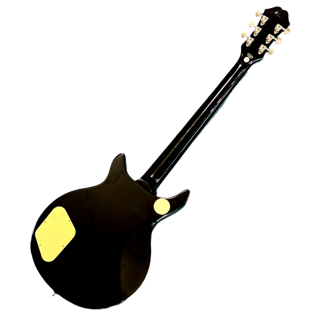 Epiphone DC PRO Electric Guitar Black electric guitar with a yellow pickguard on a white background