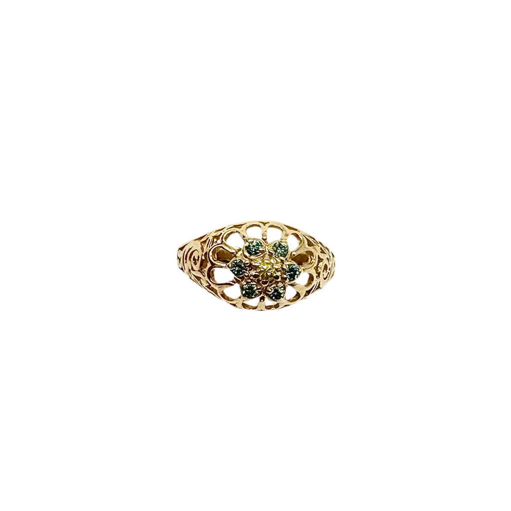 14K Yellow Gold Blue Topaz Peridot Filagree Dome Ring