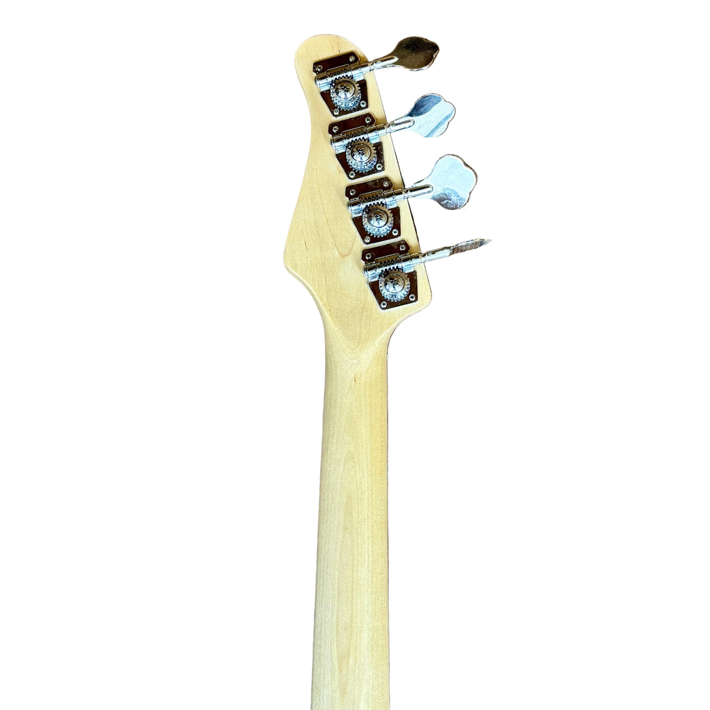 Glarry Precision Bass Style Electric Bass Guitar neck with tuning pegs on a wooden floor