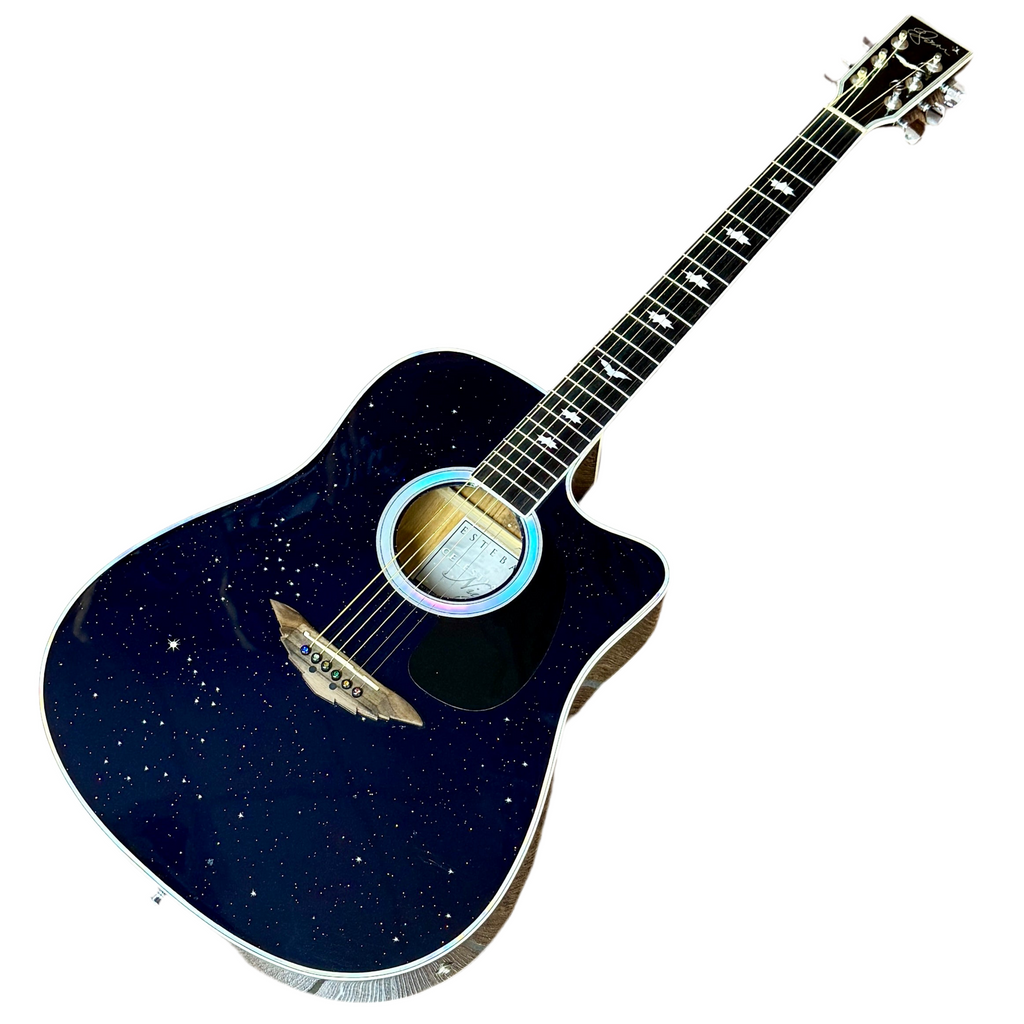 Esteban Celestial Night Limited Edition Acoustic-Electric Guitar Blue acoustic guitar with starry finish on a white background