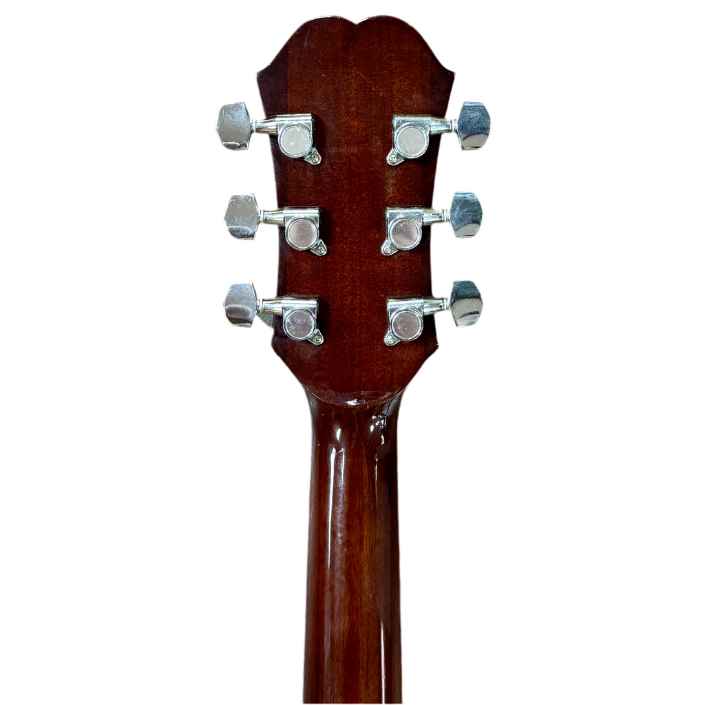 Epiphone PR800EN Acoustic-Electric Guitar Close-up of a guitar headstock with tuning pegs on a white background
