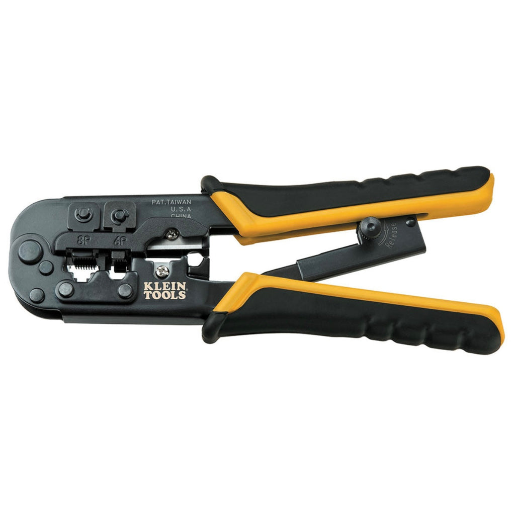 Klein Tools Ratcheting Modular Crimper/Stripper (VDV226-011-SEN) Klein Tools crimping tool with black and yellow handles on a white background