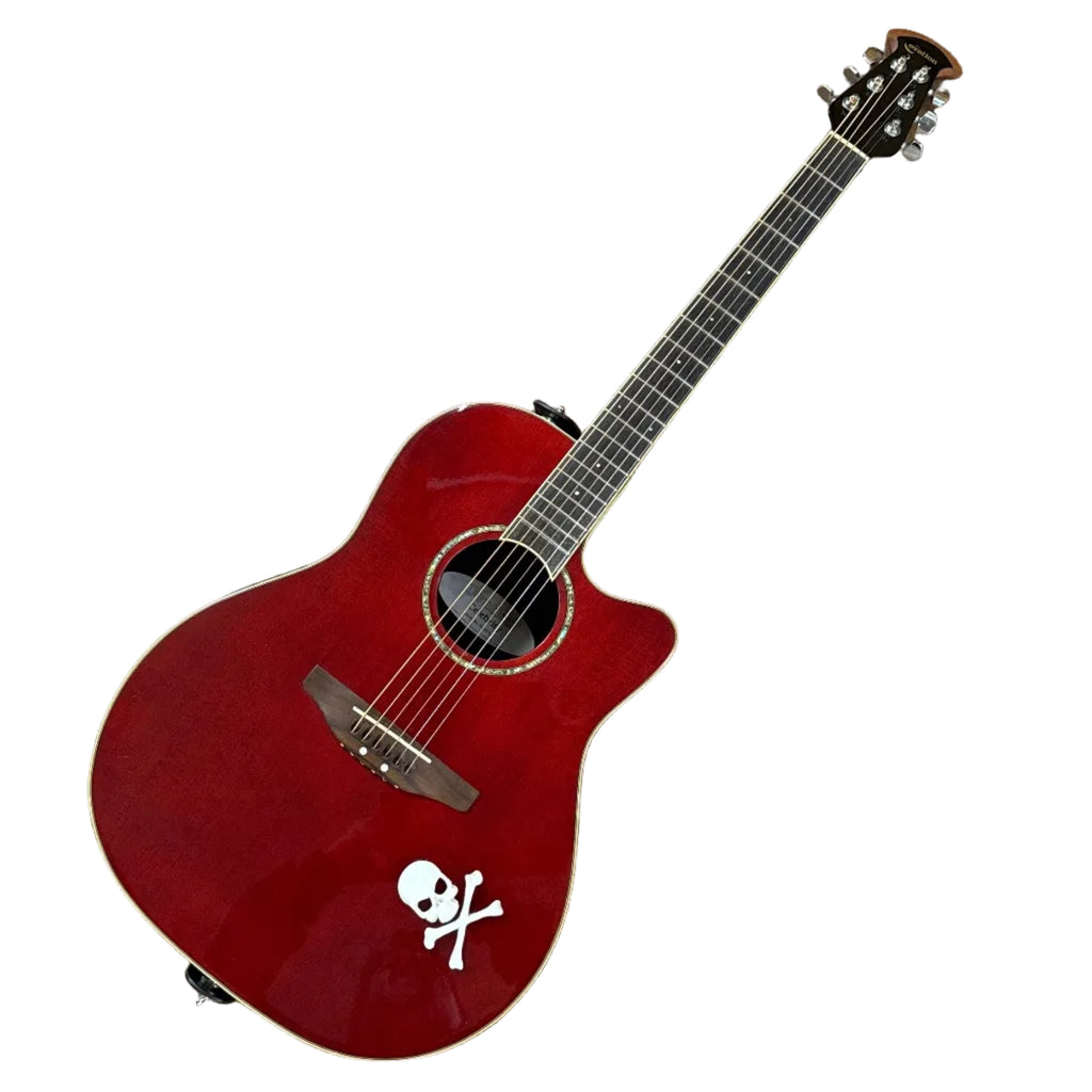 Ovation Celebrity GC057M Acoustic-Electric Guitar w/ Soft Case Red acoustic guitar with a skull design on a wooden floor