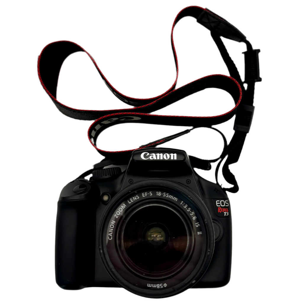 Canon EOS Rebel T3 12.2 MP CMOS Digital SLR Camera w/ Canon Zoom Lens EF-S 18-55mm f/3.5-5.6 IS II & Canon Zoom Lens EF 75-300mm f/4-5.6 III Lenses Canon camera with a strap on a white background