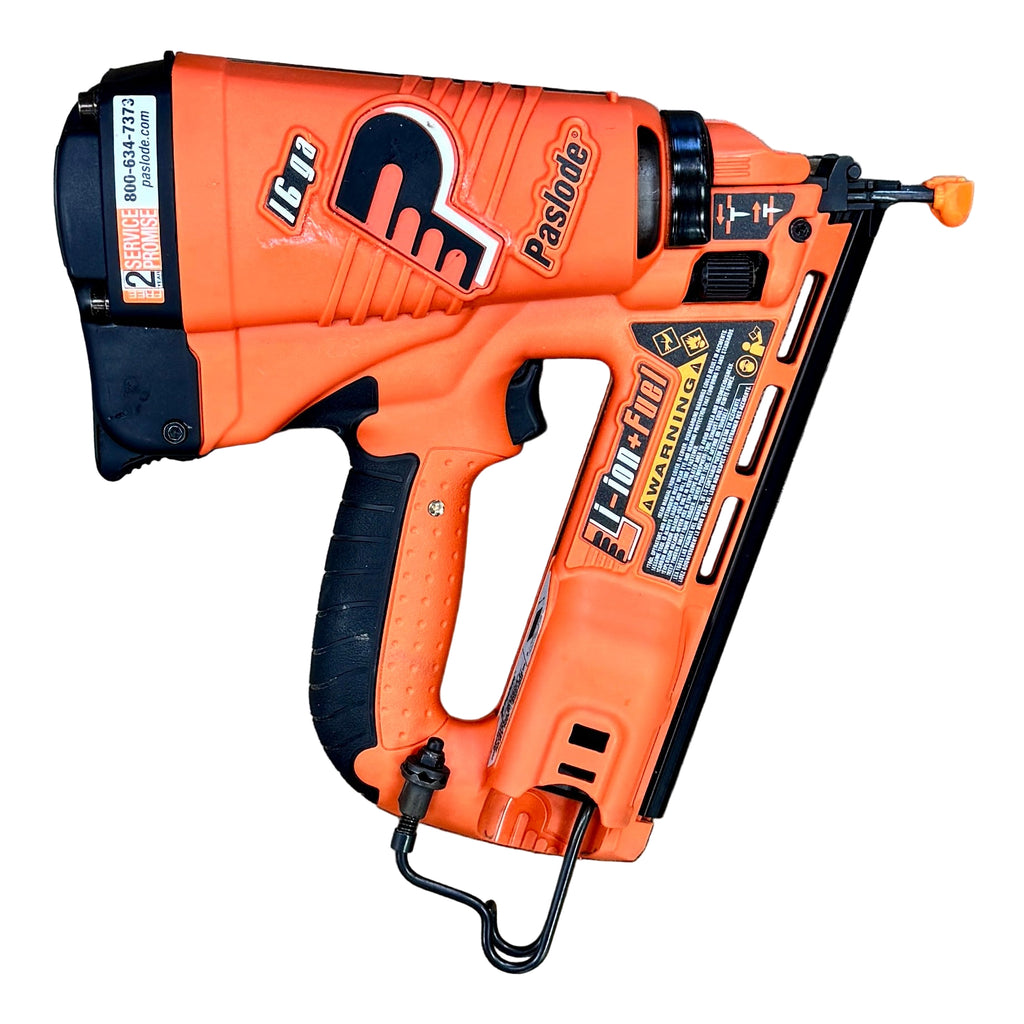 Paslode 16-Gauge 2-1/2" Cordless Angled Finish Nailer w/ Battery, Charger, & Hard Case (IM250A Li) Orange Paslode nail gun on a white background