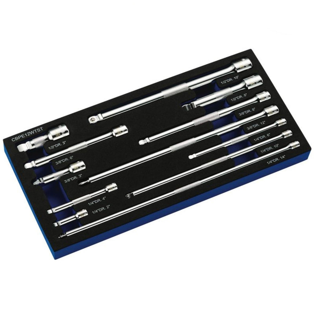 Cornwell Quality Tools bluePOWER 12-Piece 1/4”, 3/8”, & 1/2” Drive Wobble Extension Set (CBPE12WTST) Set of sockets in a blue and black case with Power Cornwell branding.