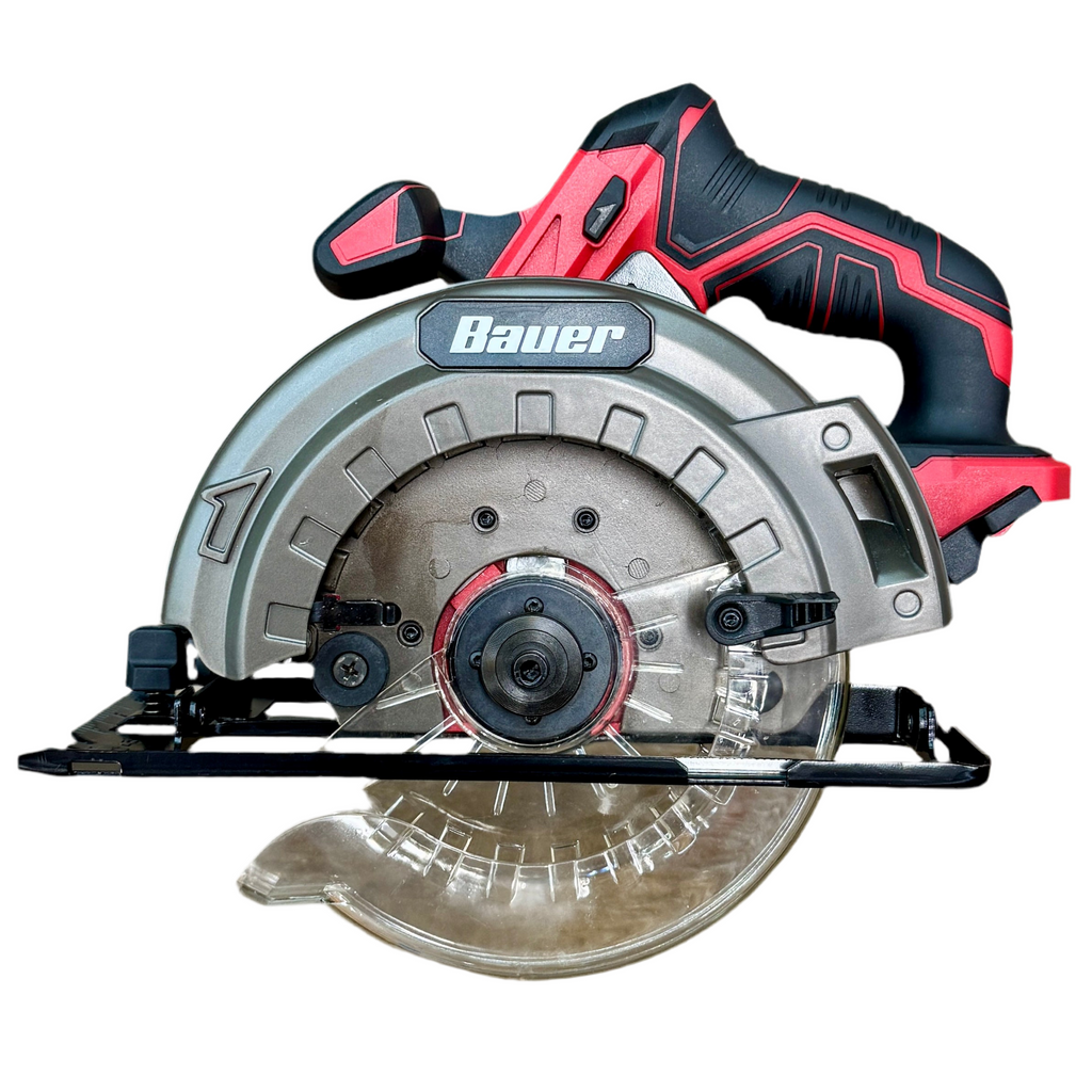 BAUER 20V 6-1/2" Cordless Circular Saw (1772C-B) Circular saw with red and black handle on a white background, featuring the brand 'Bauer'.