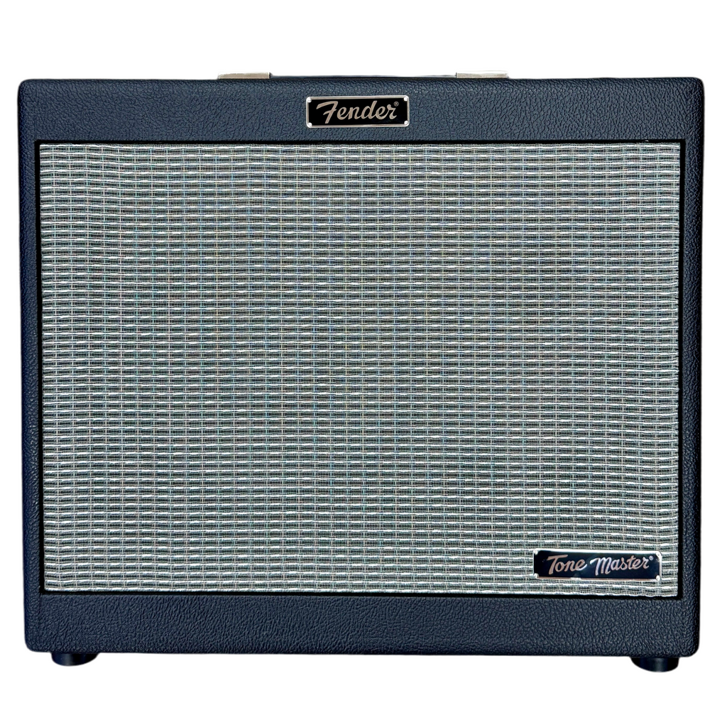 Fender Tone Master FR-10 Powered Guitar Amplifier Speaker Cabinet Fender guitar amplifier with a blue cabinet and visible branding on a white background