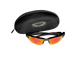 Black sunglasses with red-tinted lenses and a matching case on a white background