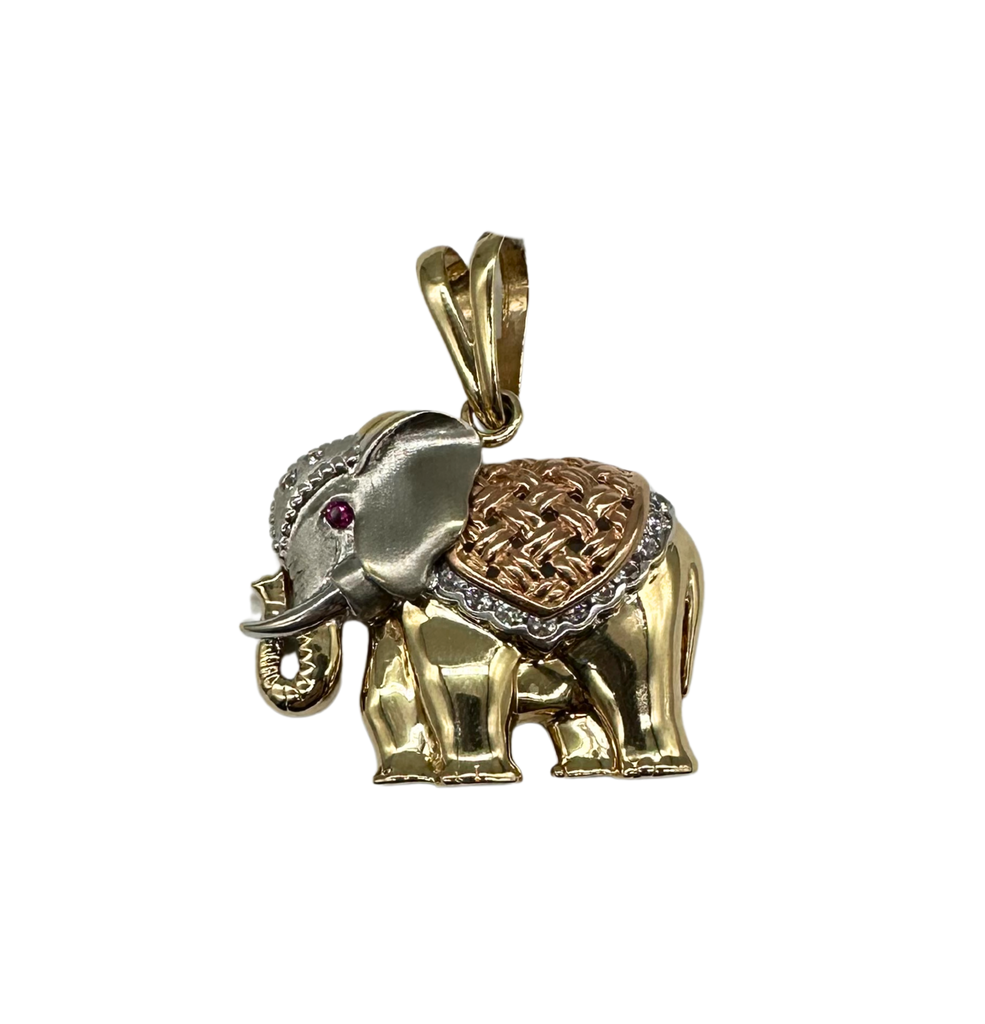 Gold elephant pendant with intricate design on a white background