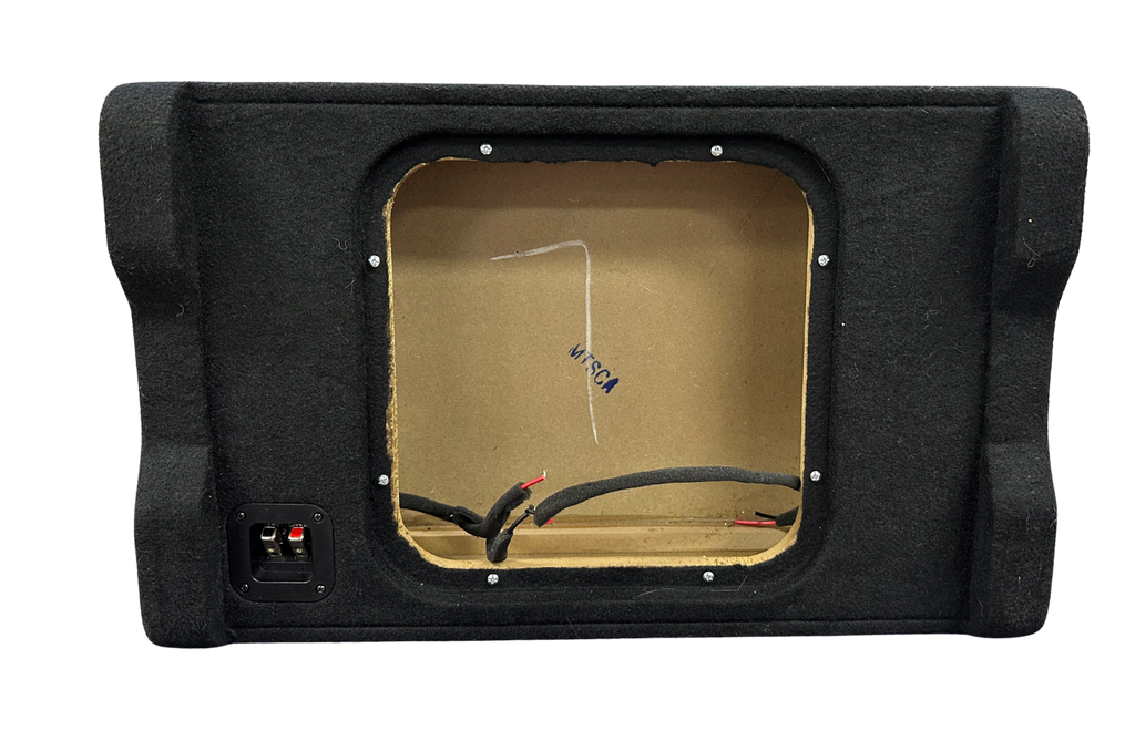 Black car audio subwoofer enclosure with visible wiring on a white background