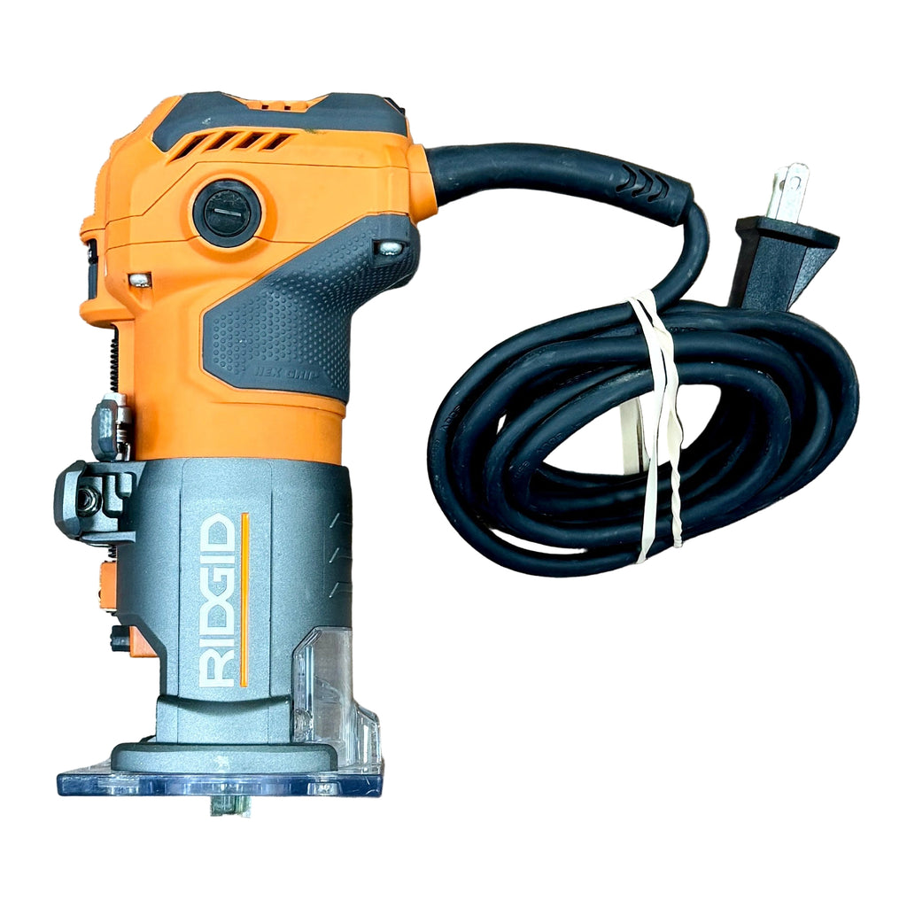 RIDGID 5.5-Amp Corded Compact Fixed-Base Router (R24012) Ridgid power tool with coiled cable on a wooden surface