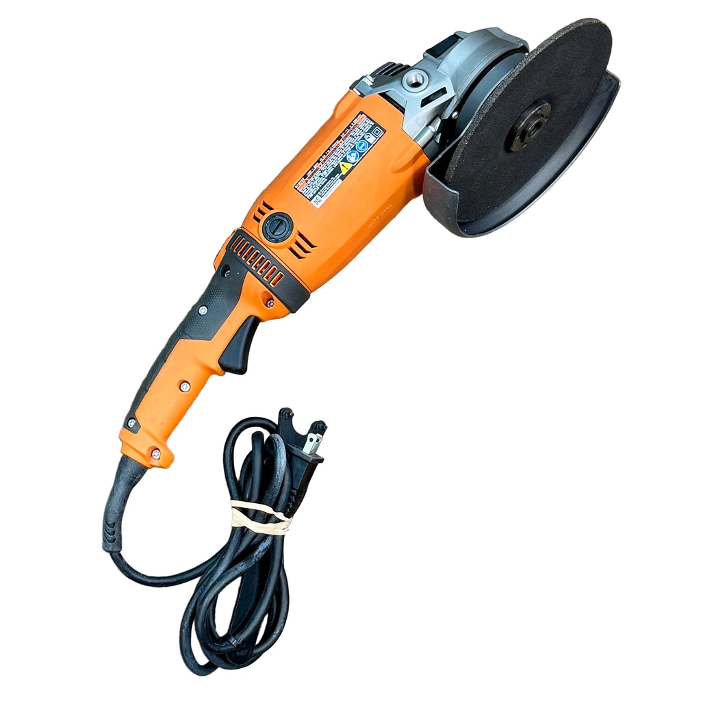 RIDGID 15-Amp 7" Corded Twist Handle Angle Grinder (R10202) Orange and black angle grinder with power cord on a white background