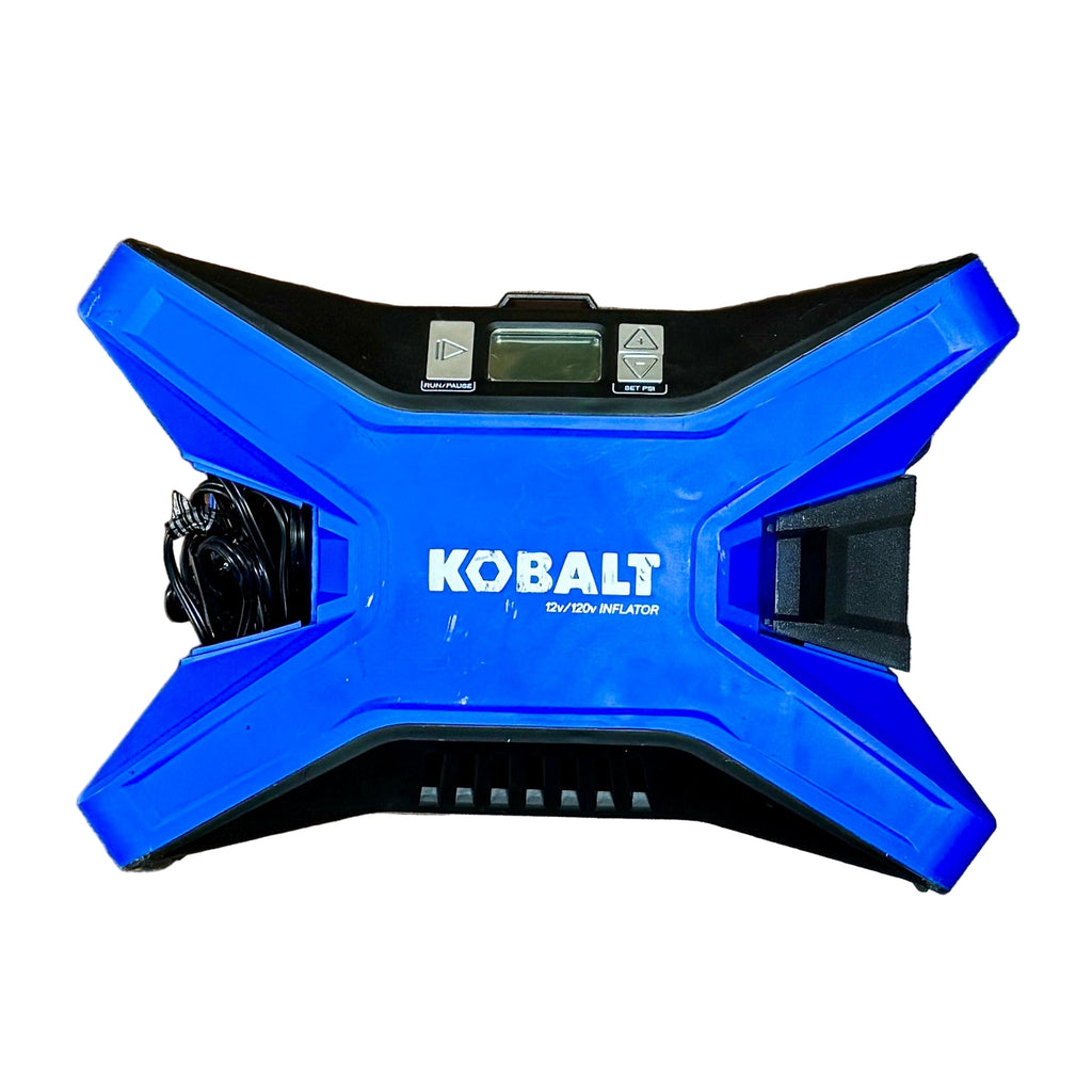 Kobalt 1.5-Amp 12V / 120V Portable Air Compressor Inflator (KLDP1) Blue Kobalt air inflator on a wooden floor