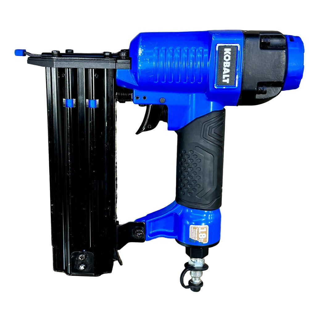Kobalt 18-Gauge 2" Pneumatic Straight Brad Nailer (KBAT161001) Blue and black Kreg nail gun on a wooden surface