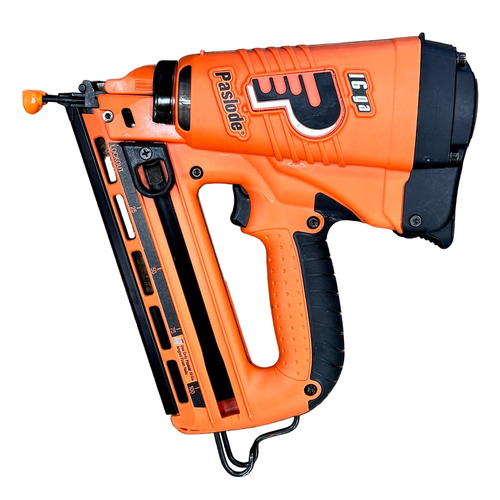 Paslode 16-Gauge 2-1/2" Cordless Angled Finish Nailer w/ Battery, Charger, & Hard Case (IM250A Li) Orange and black nail gun on a wooden surface