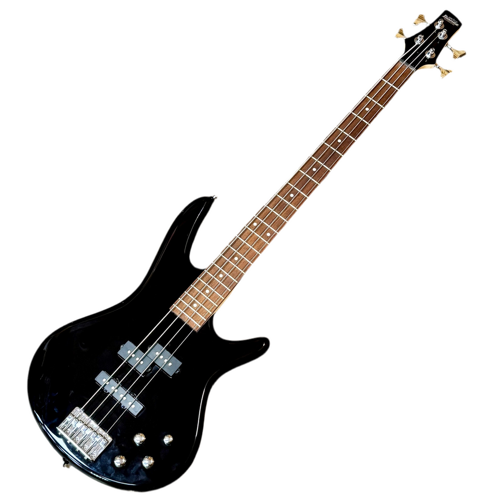 Black electric bass guitar on a white background