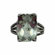 .925 Sterling Silver Rectangle Prasiolite (Green Amethyst) Split Shank Ring Ring with a large green gemstone on a white background