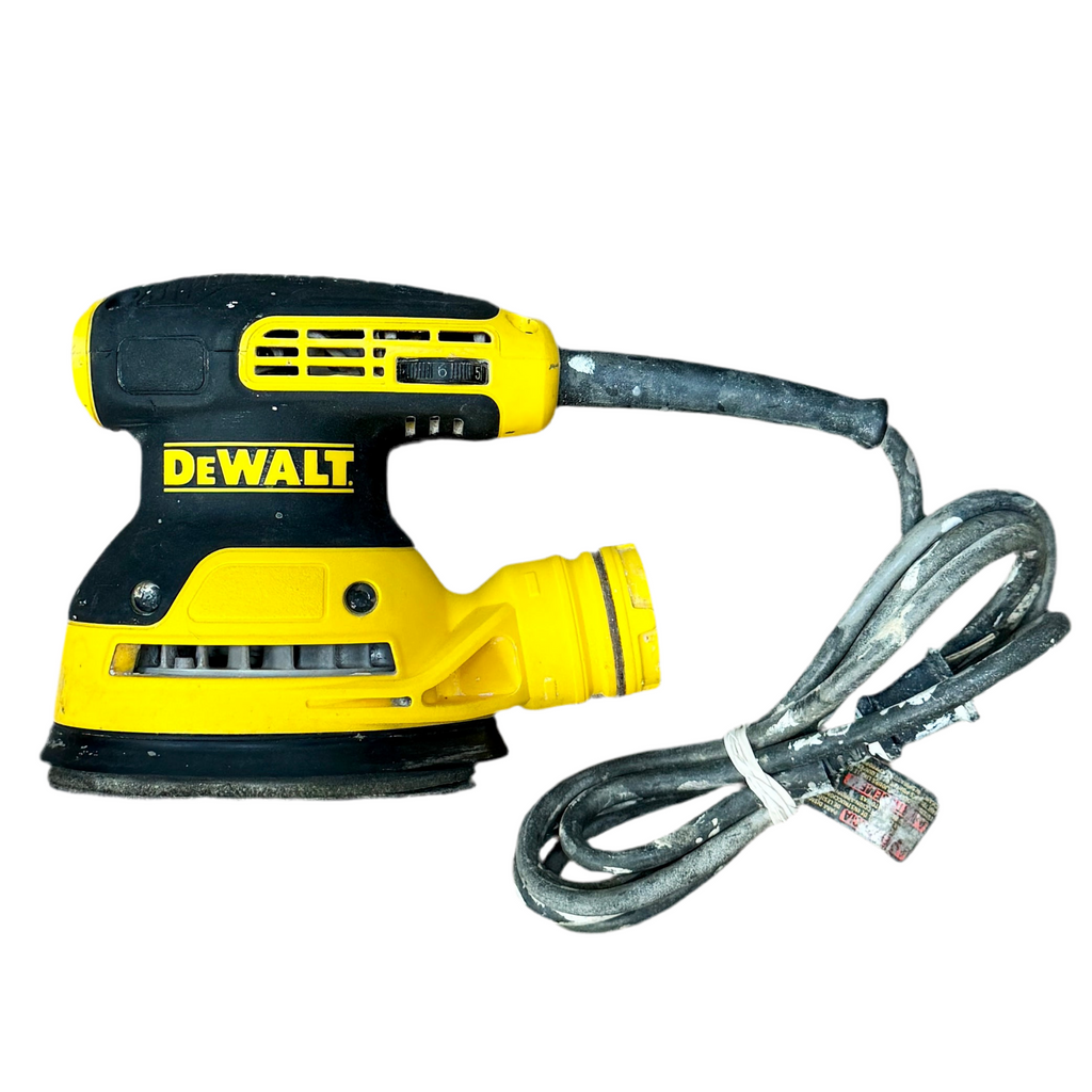 DeWalt 3-Amp 5" Corded Variable-Speed Random Orbital Sander (DWE6423) Yellow and black DEWALT power sander with cord on a white background