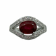 .925 Sterling Silver Ruby Red CZ East West Oval Split Ring Ring with a red gemstone and diamond-studded band on a white background