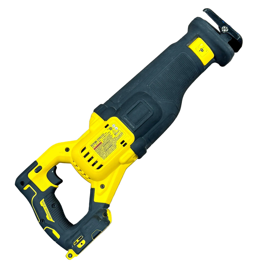 DeWalt FLEXVOLT ADVANTAGE 20V MAX 1-1/8" Stroke Brushless Cordless Variable Speed Reciprocating Saw w/ Battery (DCS386) Yellow and black reciprocating saw on a wooden floor