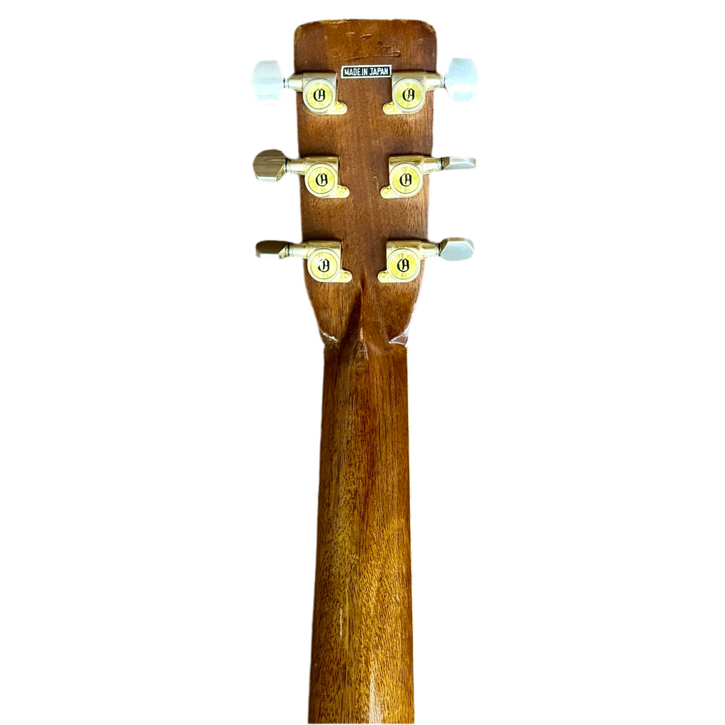 Aria Dreadnought AW-30 Acoustic Guitar w/ Hard Case Wooden guitar neck with tuning pegs on a white background