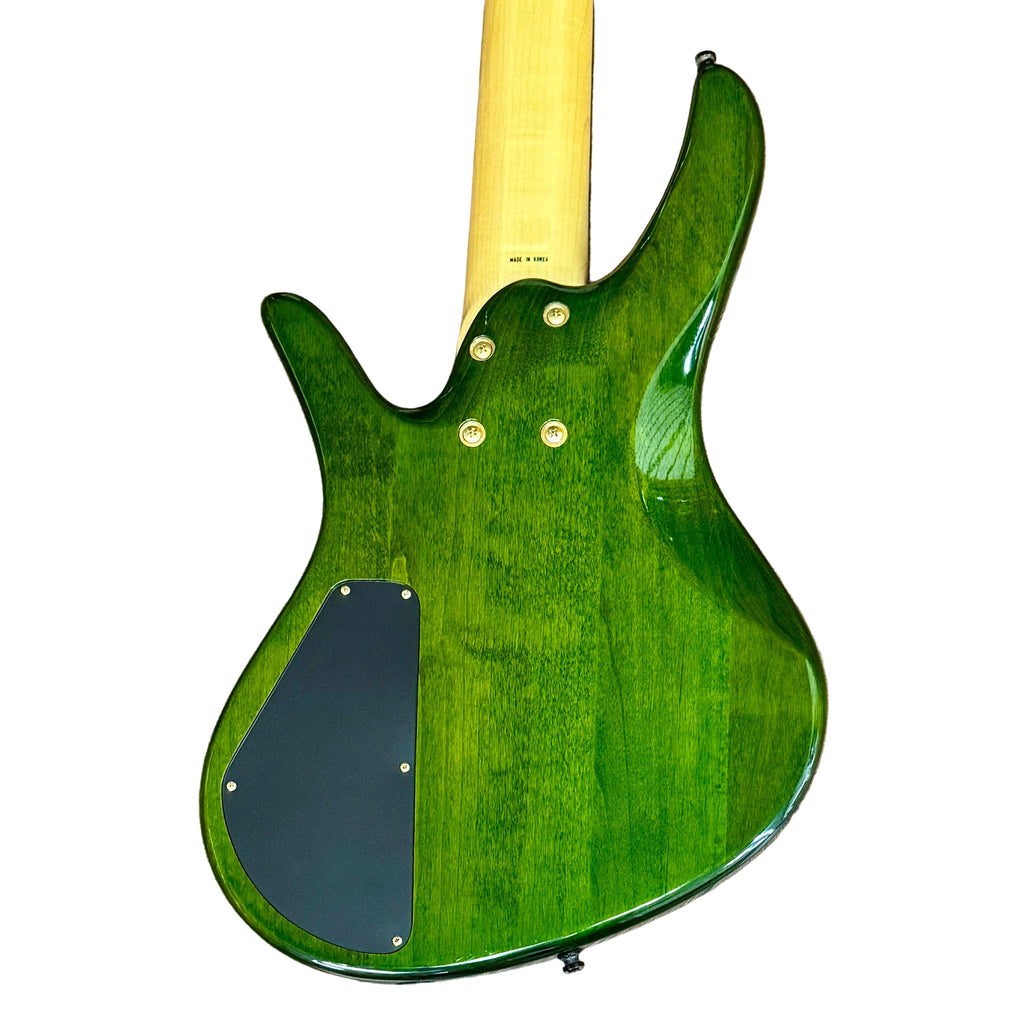 Samick SAKB56690 5-String Electric Bass Guitar w/ Hard Case Green electric guitar body with a beige neck on a wooden floor.