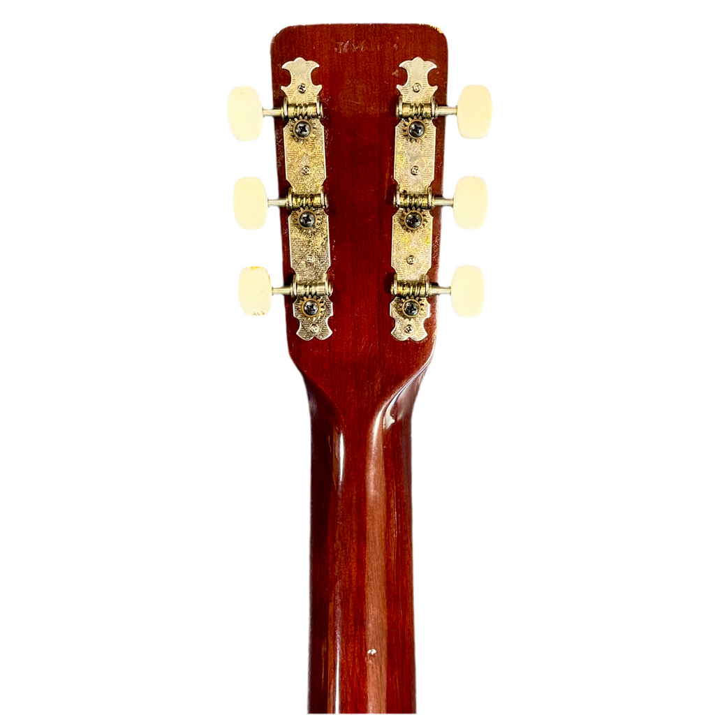 Aria A-690 Acoustic Guitar w/ Soft Case Close-up of a guitar headstock with tuning pegs on a white background