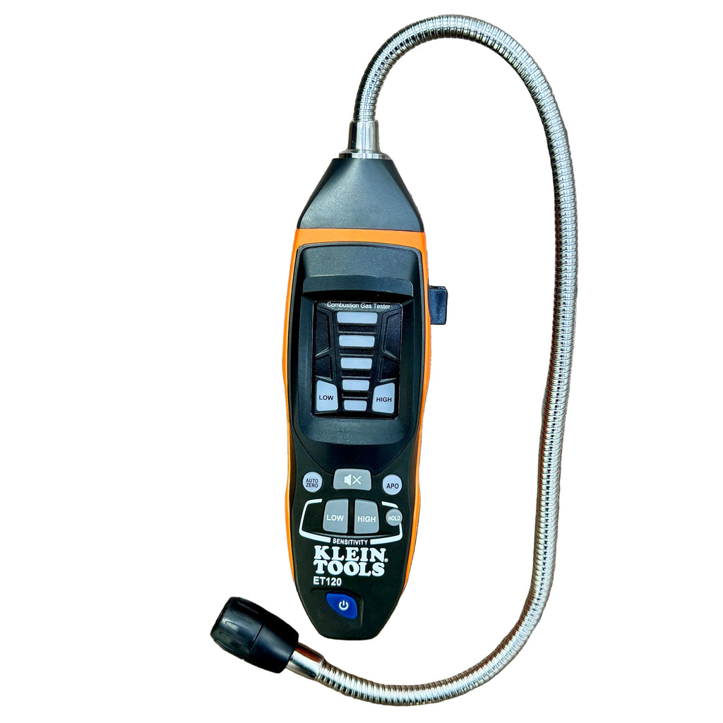 Klein Tools ET120 Combustible Gas Leak Detector Tester w/ Case Klein Tools device with a flexible cable on a wooden surface