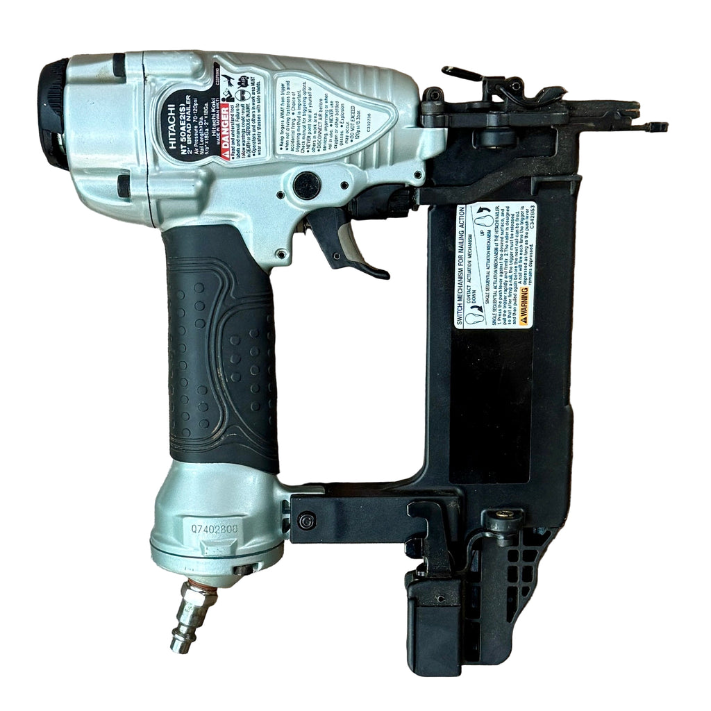 HITACHI 18-Gauge 2" Pneumatic Brad Nailer w/ Hard Case (NT50AE2S) Nail gun on a wooden surface