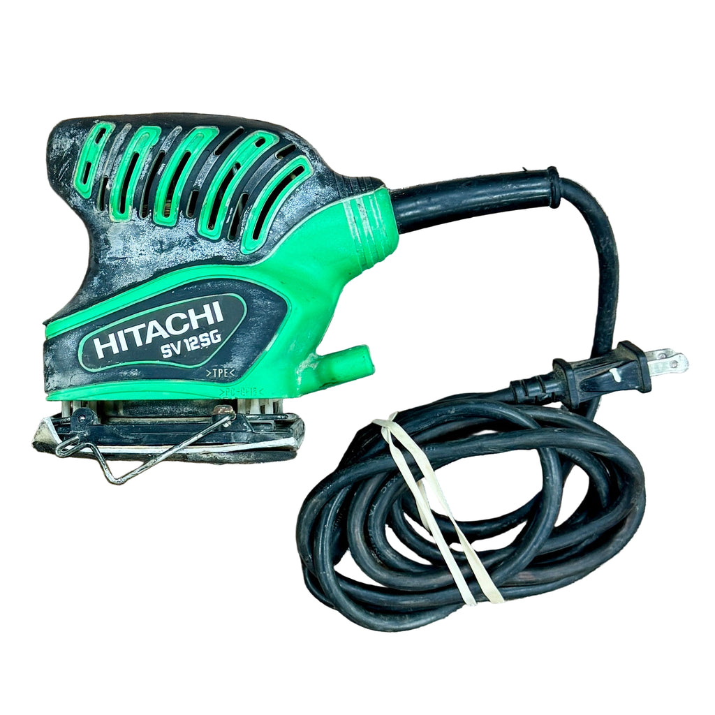 HITACHI 1.7-Amp 1/4" Sheet Corded Orbital Finishing Sander (SV12SG) Green and black Hitachi power tool with coiled cable on a wooden surface