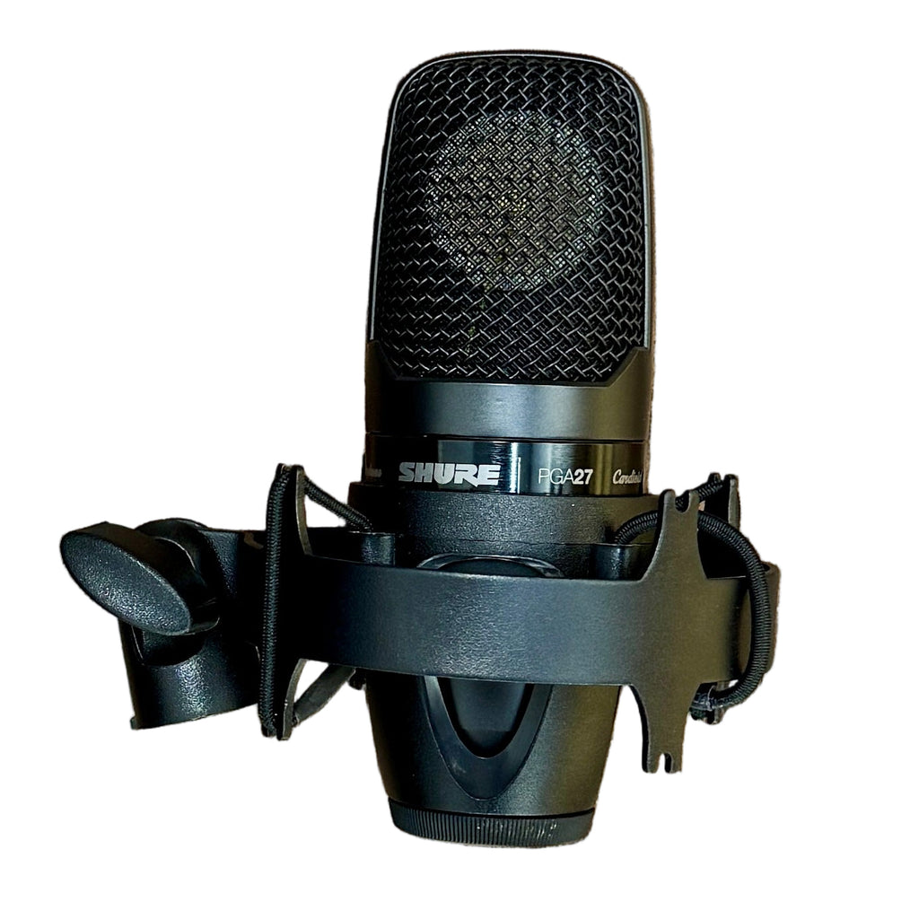 SHURE PGA27 Large Diaphragm Cardioid Condenser Microphone w/ Stand Black Shure microphone on a white background