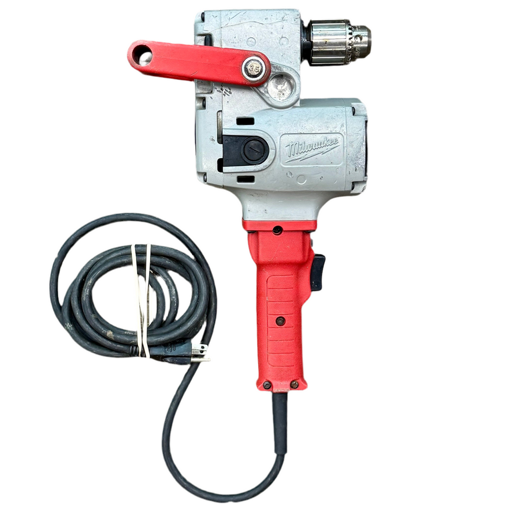 Milwaukee 7.5-Amp 1/2" HOLE HAWG Corded Heavy-Duty Drill (1675-1) Red and gray Milwaukee drill with black cord on a white background