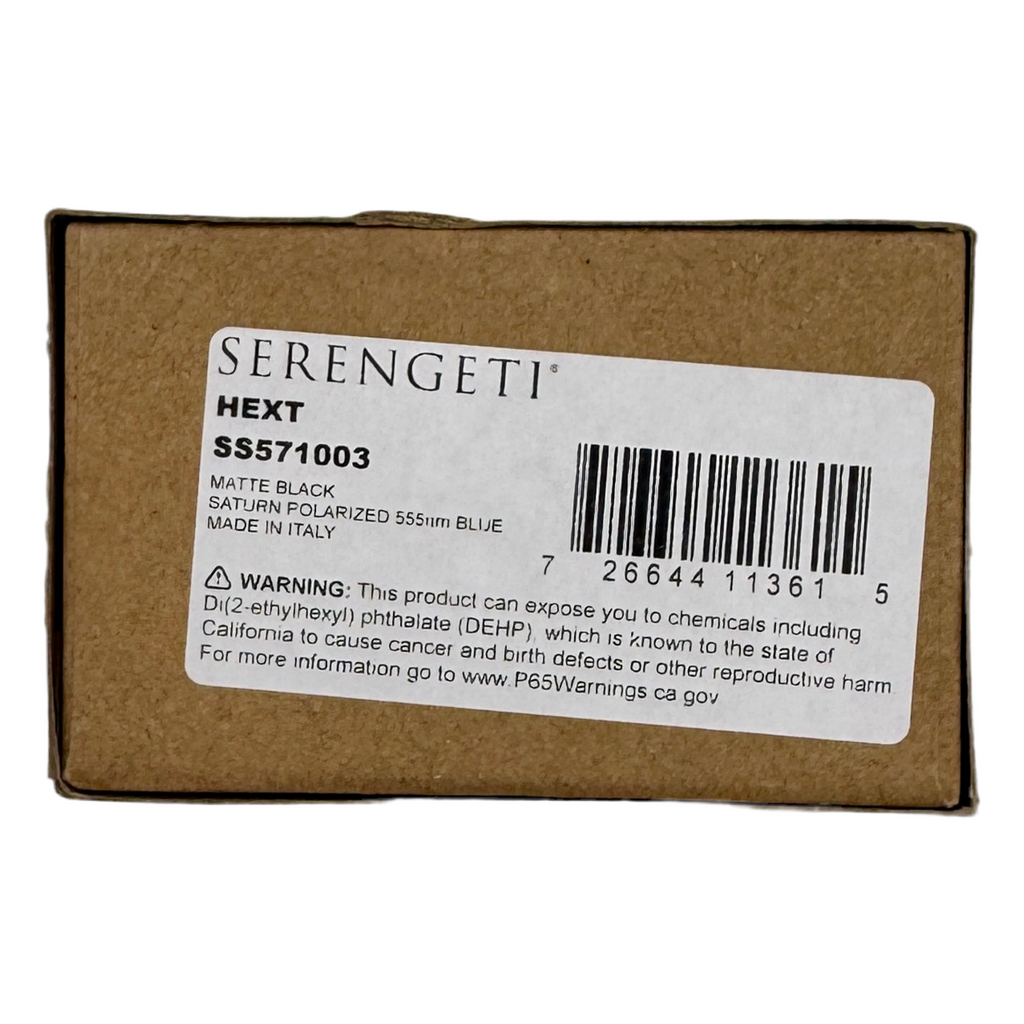 Serengeti Sport HEXT Saturn Polarized Sunglasses - Matte Black Frame w/ Blue Lenses (SS571003) Serengeti product packaging with label and barcode on a white background