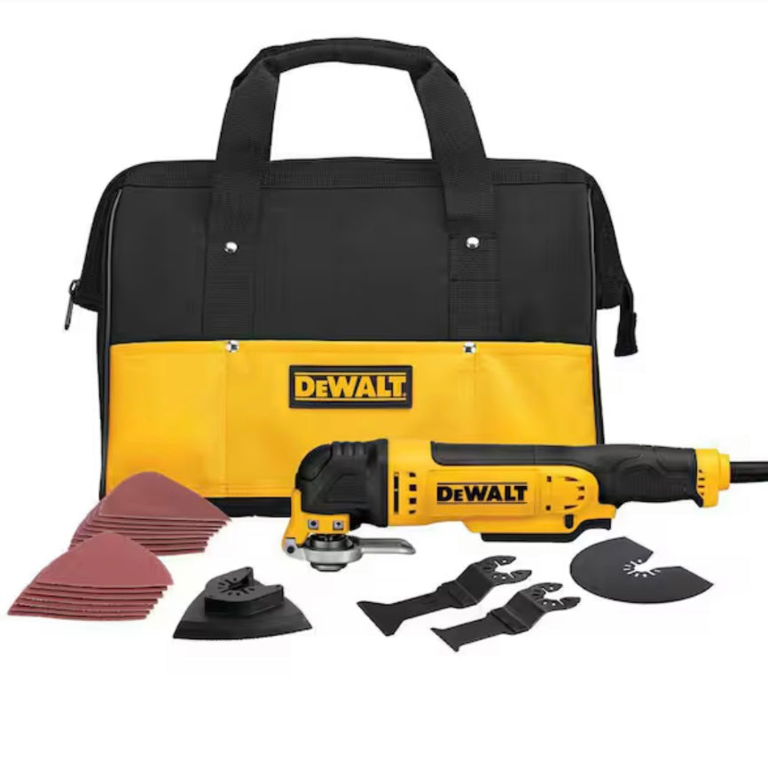 DeWalt oscillating tool set with accessories and carrying case on a white background