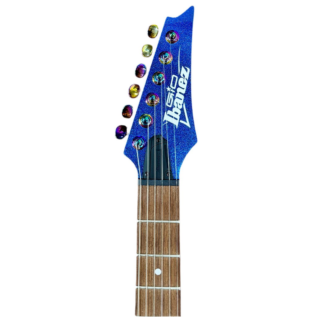 Ibanez GiO Electric Guitar neck with blue headstock featuring Ibanez logo on a white background