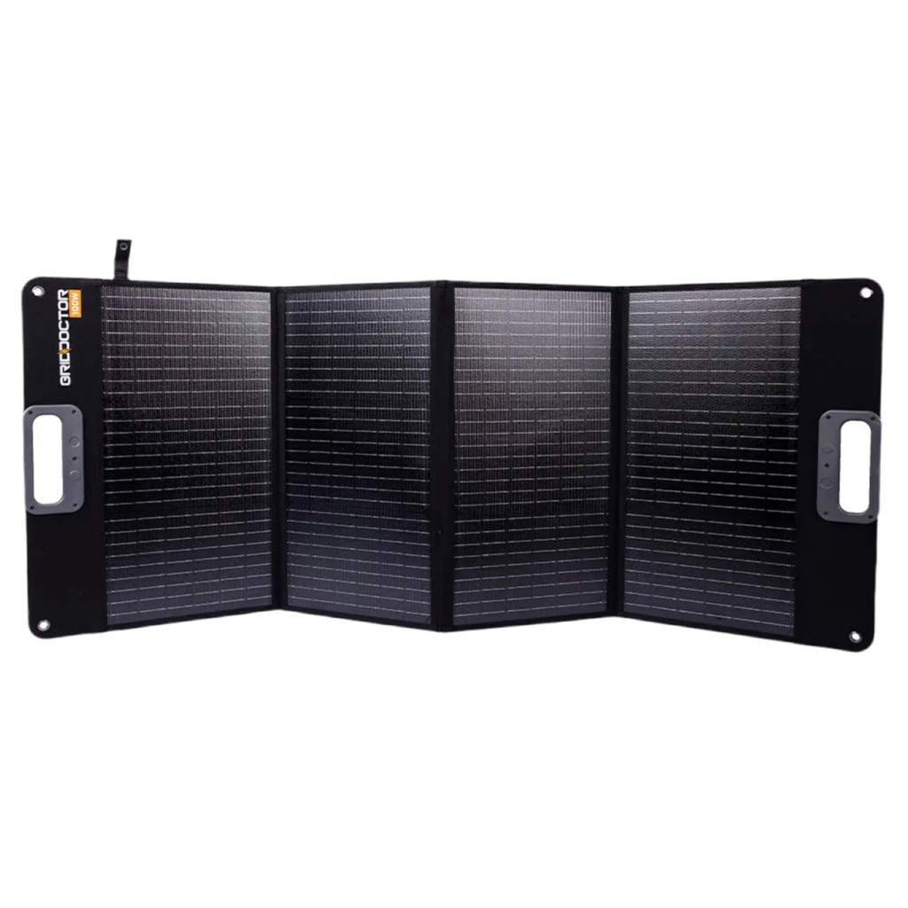 Foldable solar panel with brand logo on a white background