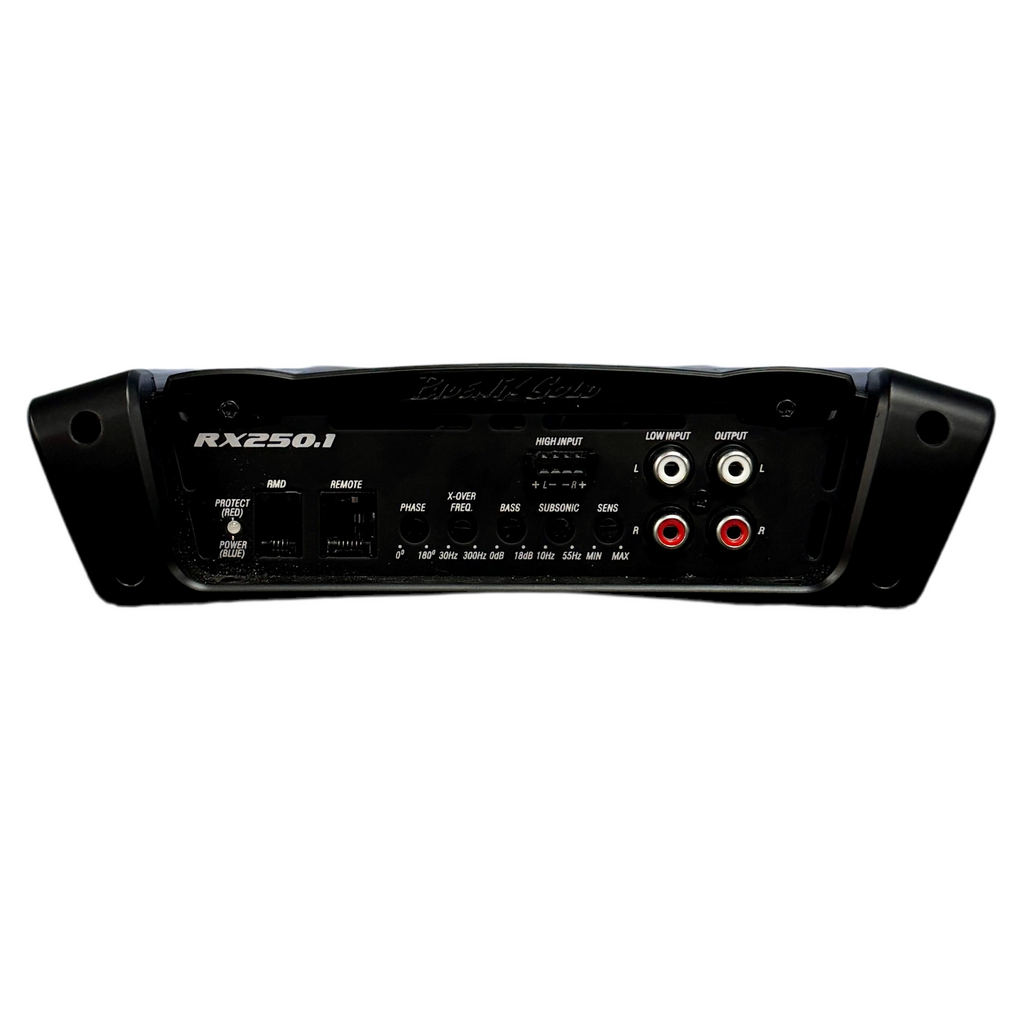 Phoenix Gold RX250.1 250 Watt Monoblock Class A/B Car Audio Amplifier Back view of a black audio amplifier with labeled ports on a white background