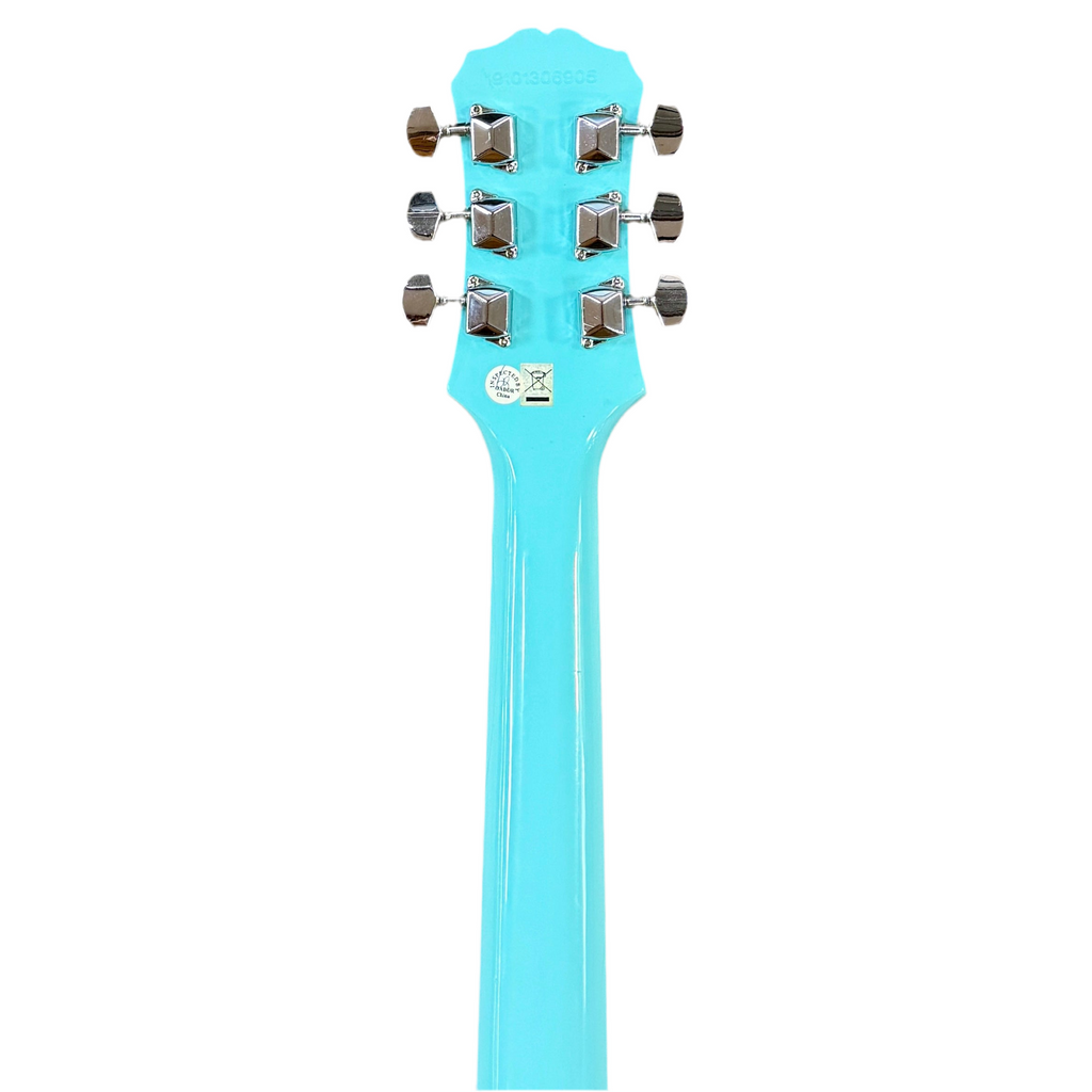 Epiphone Les Paul Model SL Melody Maker Electric Guitar Turquoise electric guitar headstock on a white background