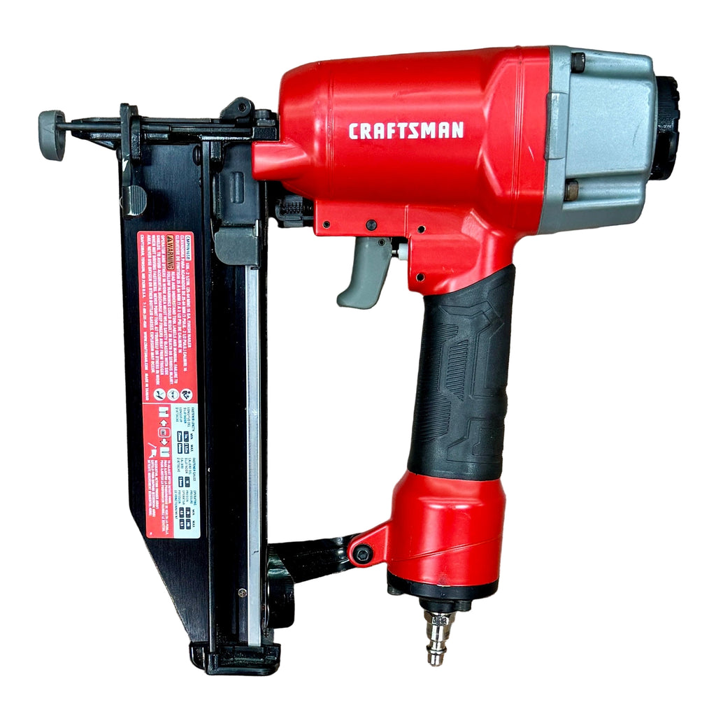 CRAFTSMAN 16-Gauge 2-1/2" Pneumatic Straight Finish Nailer (CMPFN16SB) Red Craftsman nail gun on a wooden surface