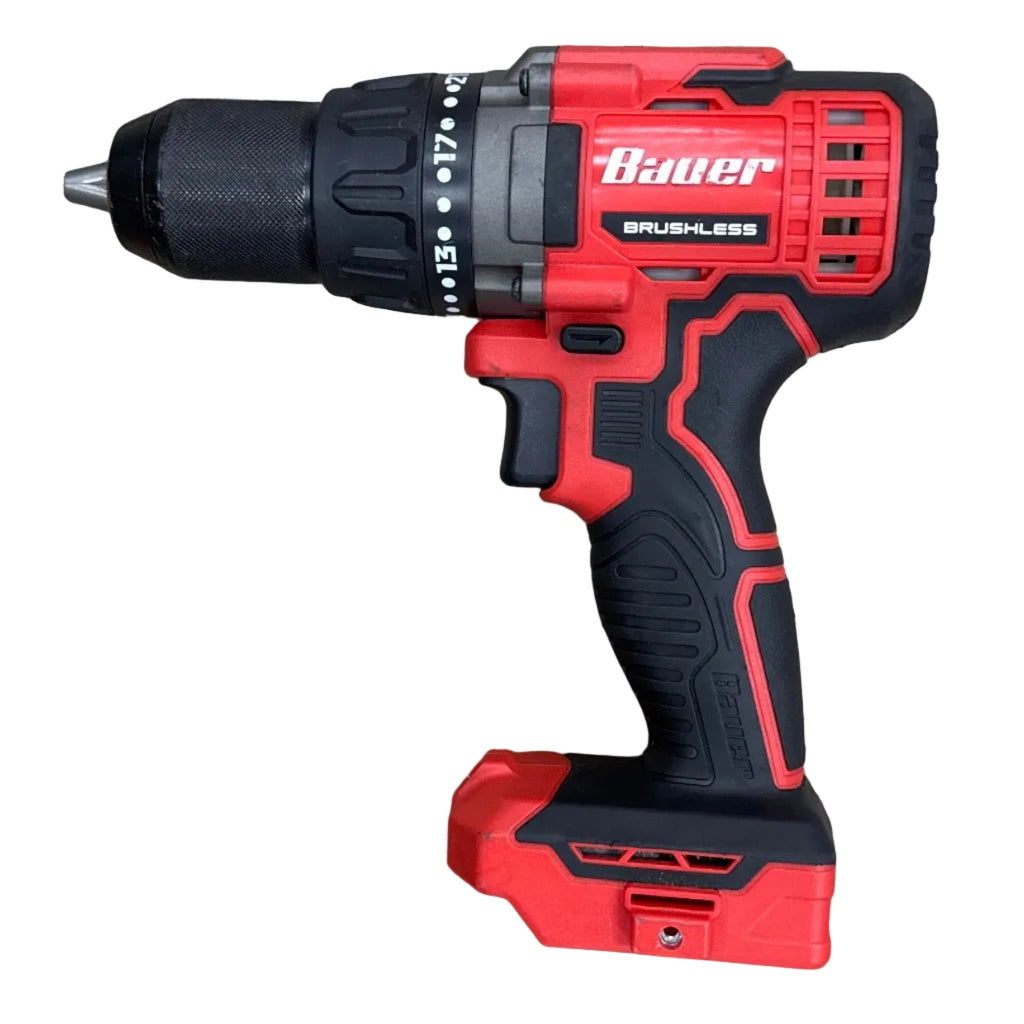 BAUER 20V 1/2" Brushless Cordless Drill/Driver w/ Battery & Charger (2191CR-B) Red and black cordless drill with 'Bauer' branding on a white background