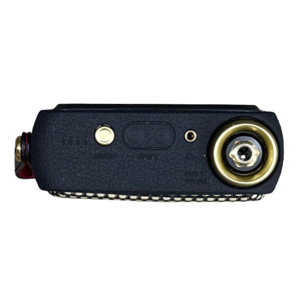 Positive Grid Spark GO 5W Ultra-Portable Smart Guitar Amplifier & Bluetooth Speaker - Black electronic device with gold connectors on a white background