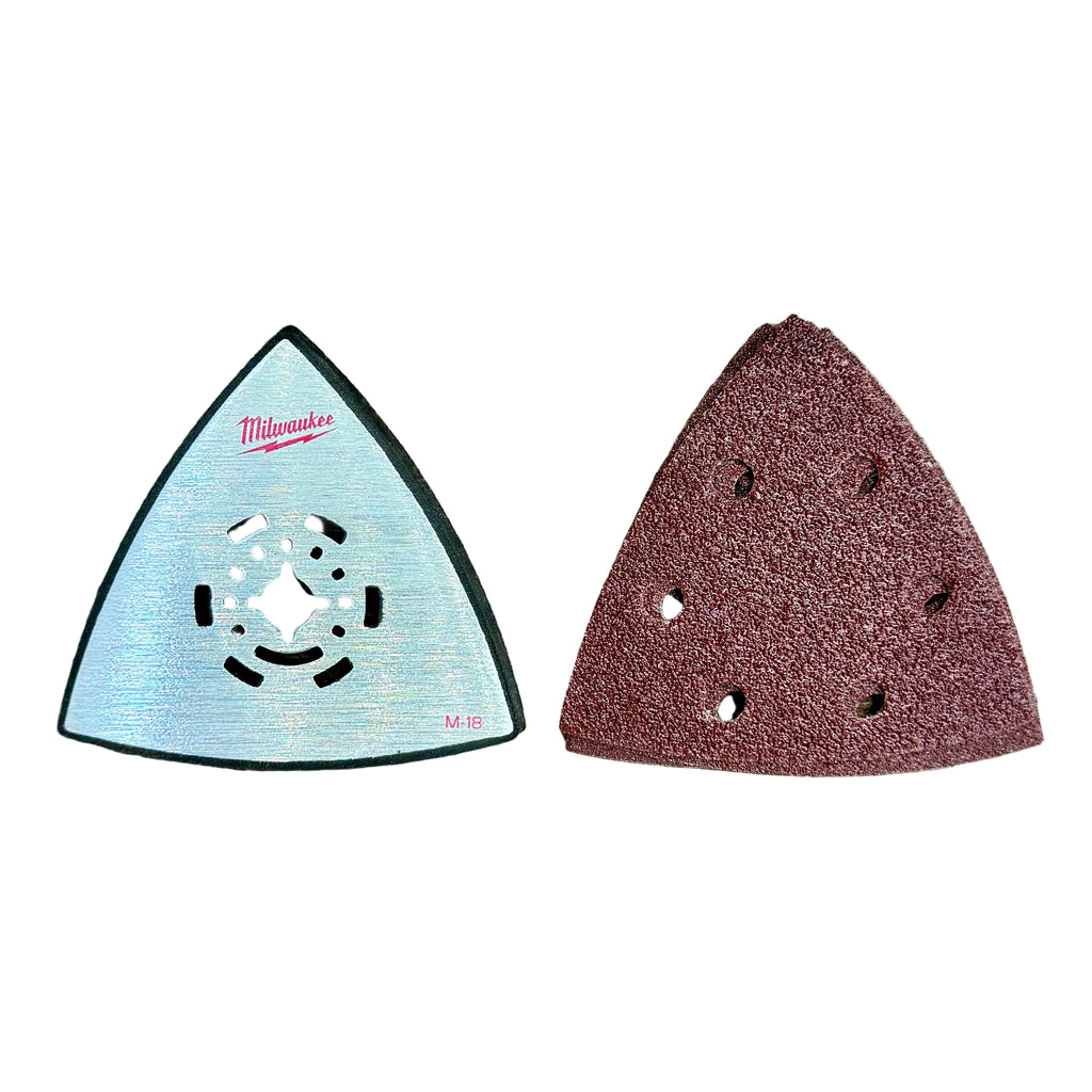 Milwaukee M12 FUEL 12V Brushless Cordless Oscillating Multi-Tool (2526-20) Two triangular sanding discs on a wooden surface, one with a Milwaukee logo.