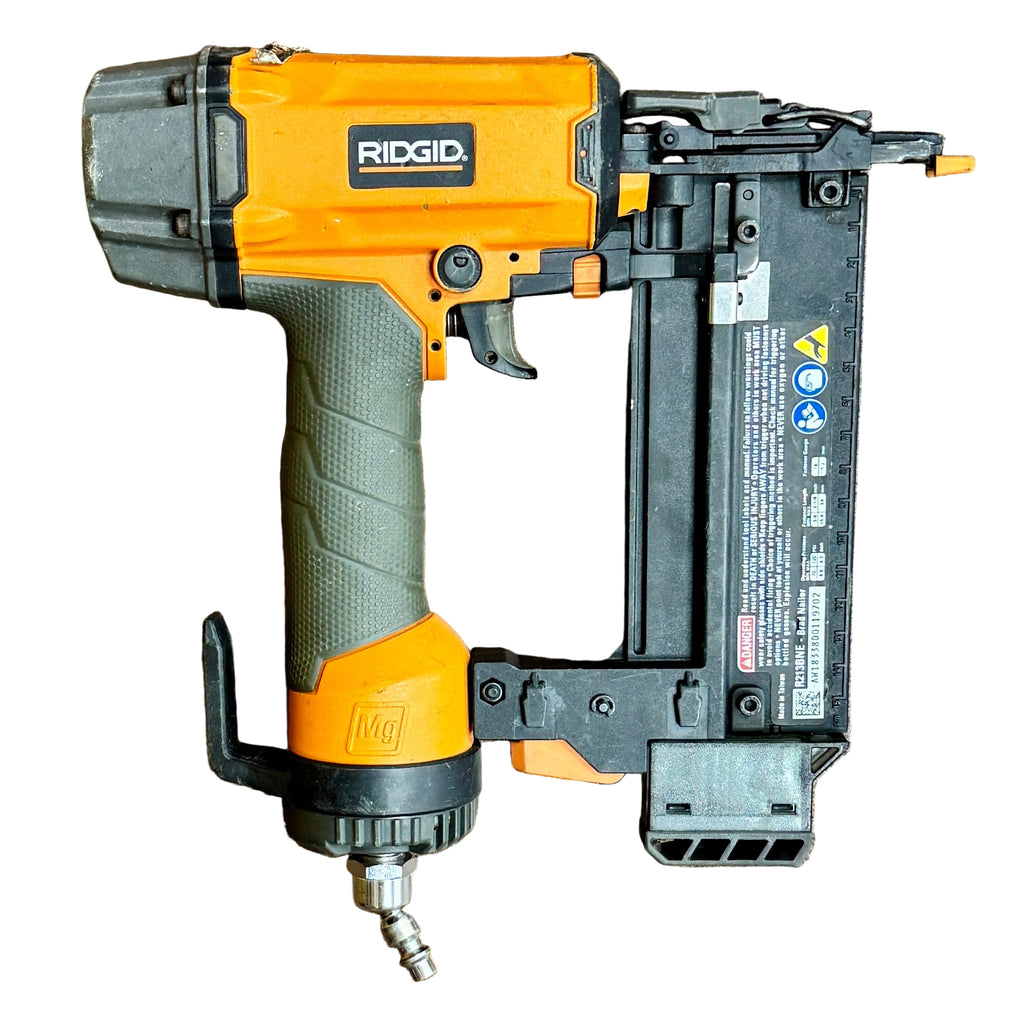 RIDGID 18-Gauge 2-1/8" Pneumatic Brad Nailer (R213BNE) Ridgid nail gun on a wooden surface